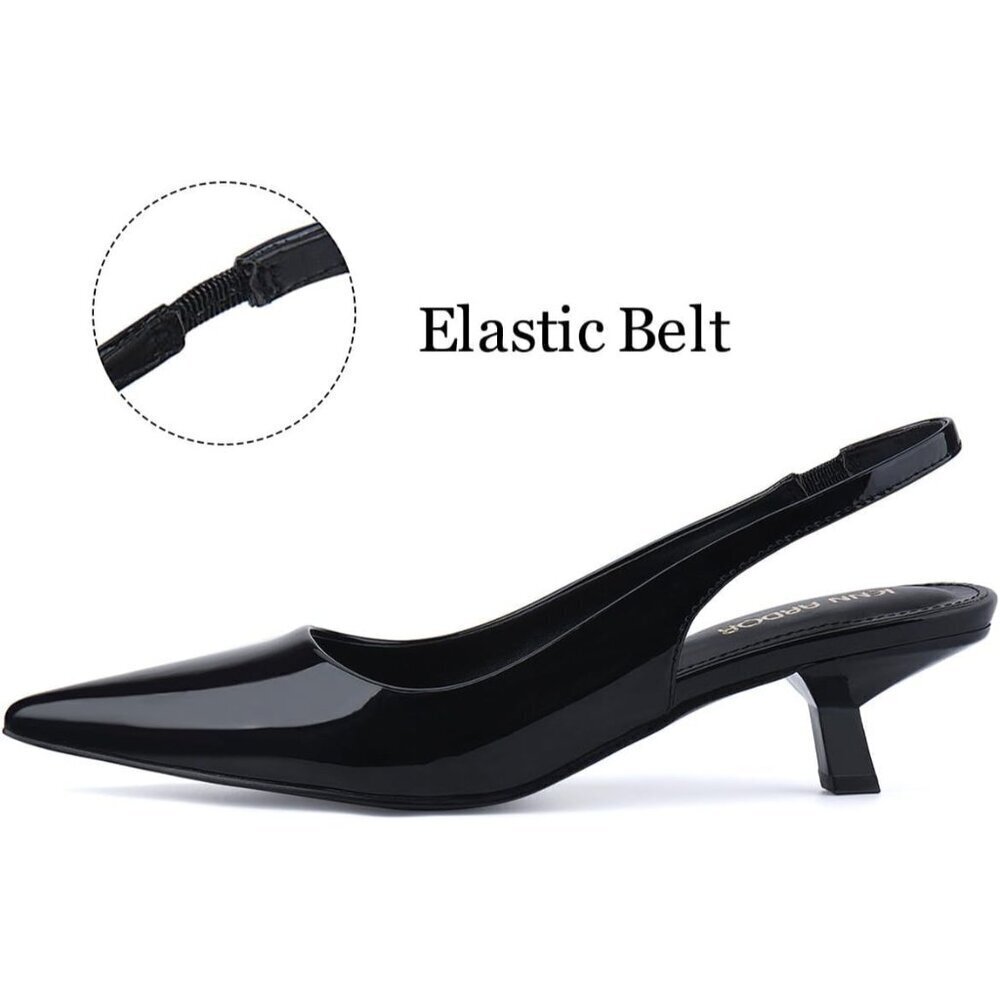 Women Slingback Black Pu Heel Pumps Dressy Kitten Heels Sandals Wide Width Shoes - Picture 5 of 6